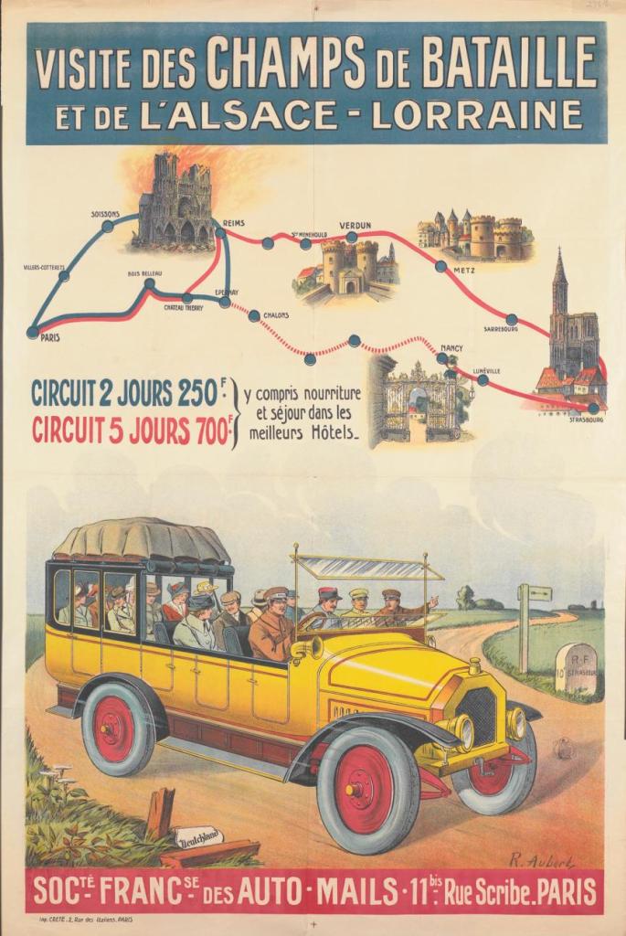 Poster entitled « Visite des Champs de Bataille et de l'Alsace-Lorraine » showing a battlefield tour itinerary and travellers in a yellow 'auto-mail' or charabanc. 